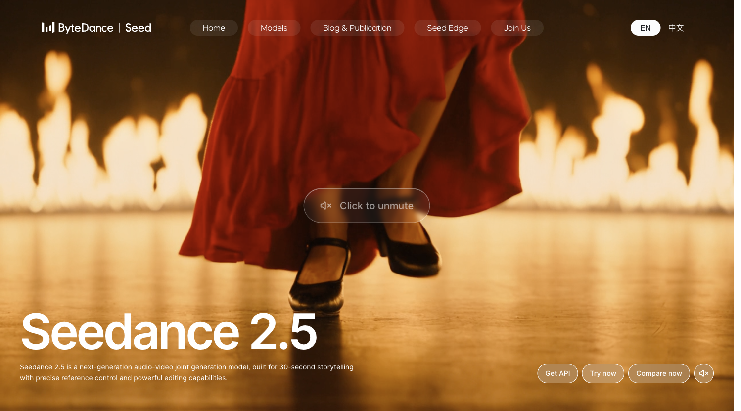 Официальная страница Seedance 2.5 на сайте ByteDance Seed с кнопками доступа к модели